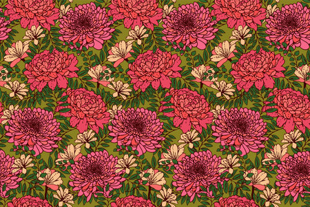 Summer seamless floral pattern. Blooming mixed with herbs, leaves and meadow plants. Colorful flowers background print. Vector drawn illustration. Nature ornament for designs, fabric, textilesのイラスト素材