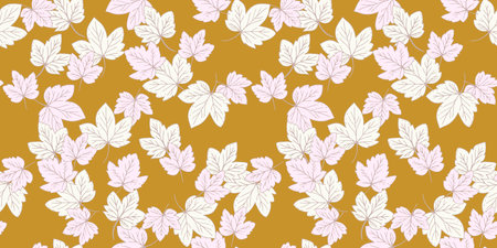 Seamless autumn pattern featuring light maple leaves on a warm mustard background. The soft, pastel leaves create a natural, elegant design perfect for fabric, wallpaper, and stationeryのイラスト素材