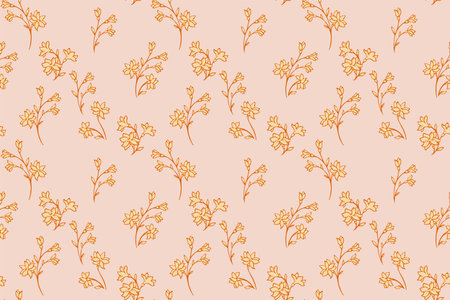 Summer simple yellow pattern with tiny florals stem. Abstract artistic branches with small flowers seamless print. Vector hand drawing. Minimalist ornament for design, fashion, surface design, fabricのイラスト素材