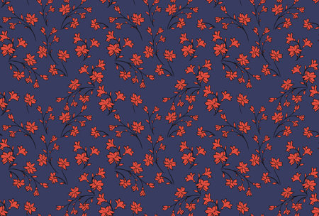 Colorful wild florals stems pattern on a blue background. Abstract artistic branches with tiny flowers, small buds seamless print. Vector hand drawing sketch. Simple ornament for textile, printのイラスト素材