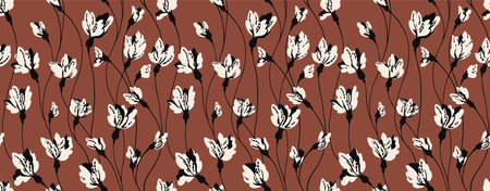 Creative florals stems intertwined in a pattern on a brown background. Abstract branches with tiny flower buds seamless print. Vector hand drawing. Simple ornament for designs, textiles, fabric, coverのイラスト素材