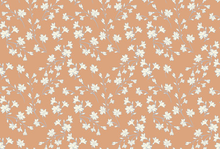 Beige pastel pattern with abstract artistic branches with tiny flowers, small buds, little leaves. Gentle wild fall florals stems background. Vector hand drawing sketch. Simple ornament for designsのイラスト素材
