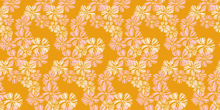 Seamless daisy floral pattern with flowers on a vibrant mustard yellow background. Designs plain botanical print for textiles, home decor, packaging, and stationery, adding warmth and charm.のイラスト素材