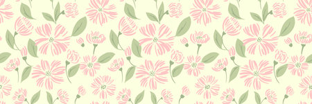 Seamless floral pattern featuring hand-drawn pink flowers with leaves on a light cream background. Plain print design for textiles, wallpapers, and packaging with delicate, spring-inspired aestheticのイラスト素材