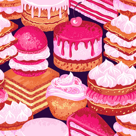 Colorful seamless pattern featuring a variety of decadent desserts like layer cakes, cupcakes, and...