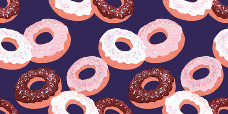 Seamless pattern featuring colorful donuts with chocolate, pink, white frosting, sprinkled with toppings in navy background. Design perfect for bakery-themed projects, packaging, or textile designs.のイラスト素材