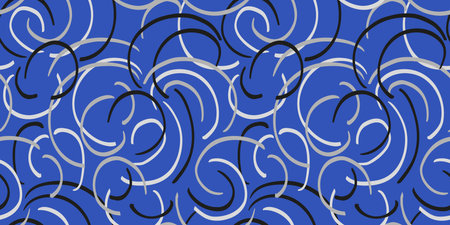 Seamless pattern of abstract organic curves and featuring swirling, curved lines on bold blue background. Perfect for modern designs, textiles, packaging. Print geometric with a dynamic feel.のイラスト素材