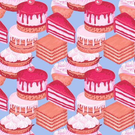 Seamless pattern featuring a variety of decadent desserts like layer cakes, cupcakes, and pastries in shades of pink and cream on a soft blue background. Design for bakery branding, fabric designsのイラスト素材