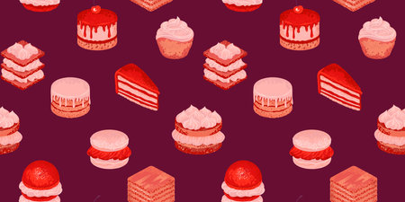 Playful seamless pattern featuring various delicious desserts like cakes, macarons, and pastries on burgundy background. Design for wrapping paper, bakery packaging, fabric designs, and cafe decor.のイラスト素材