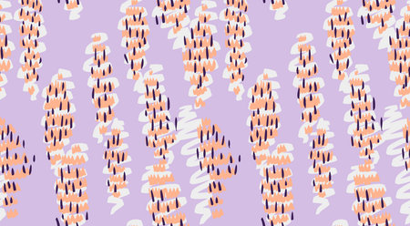 Colorful abstract pattern featuring vertical organic shapes on a purple violet background. Plain...