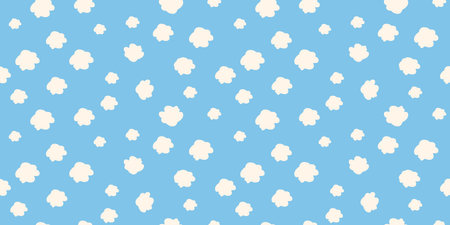 Playful seamless pattern with white cloud shapes scattered on a bright blue background. Plain minimalist print for children's designs, bold wallpapers, stationery, and cheerful creative projects.のイラスト素材