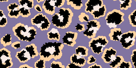 Colorful leopard-inspired seamless pattern with bold spots outlined on a purple violet background. Unique abstract animal print ornament for fashion design, modern decor, artistic branding projects.のイラスト素材