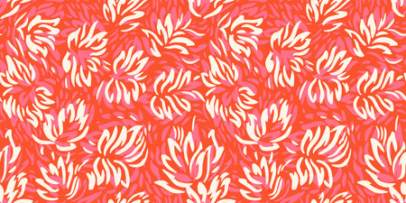 Vibrant seamless pattern featuring dynamic abstract floral shapes in bold red, pink, and white, orange tones. Perfect for print design textiles, wrapping paper, contemporary decorative projectsのイラスト素材