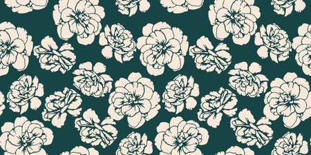 Abstract shapes buttercups, pansies seamless pattern on a dark green background. Bi color contour silhouettes flowers print. Vector hand drawn. Plain nature ornament for designsのイラスト素材