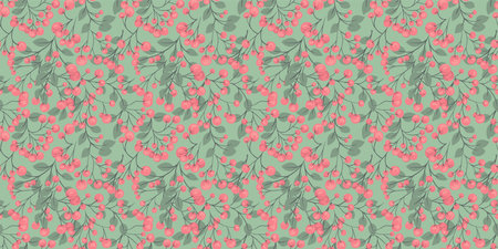 Seamless pattern botanical illustration on a green, mint background. Abstract artistic berries on a branches leaves ornament. Stylized juniper, boxwood, viburnum, dogwood barberry print.のイラスト素材