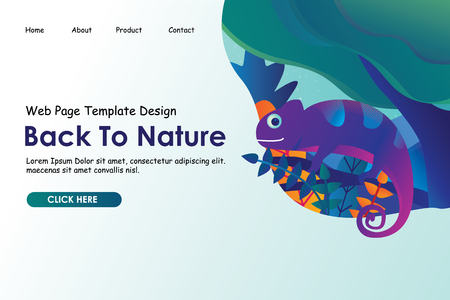 web page template design, nature illustration concept background, chameleon on forest vector illustrationのイラスト素材