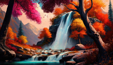 beautiful of waterfall landscape painting backgroundの素材