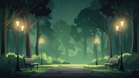 beautiful city park night view background illustrationの素材