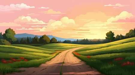 beautiful landscape nature mountain view background illustration with roadの素材