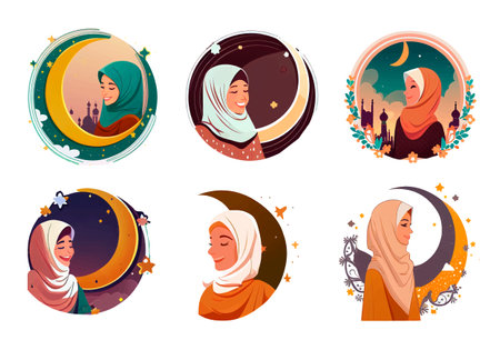 set vector illustration of muslim woman in hijab smile ramadan conceptのイラスト素材