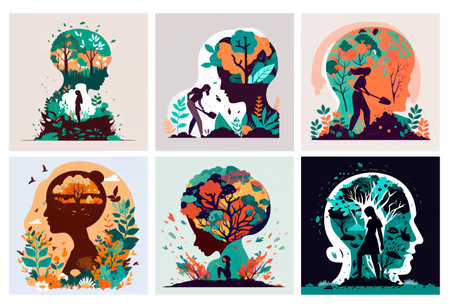 set vector illustration of head with plant blooming inside world mental health dayのイラスト素材