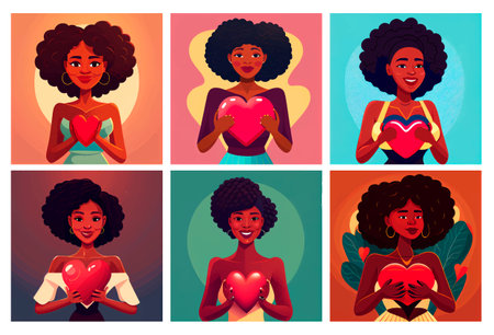 set vector illustration of multi ethnic women holding red heart shapeのイラスト素材