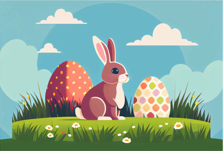 vector illustration of bunny with easter eggs in spring nature outdoorsのイラスト素材