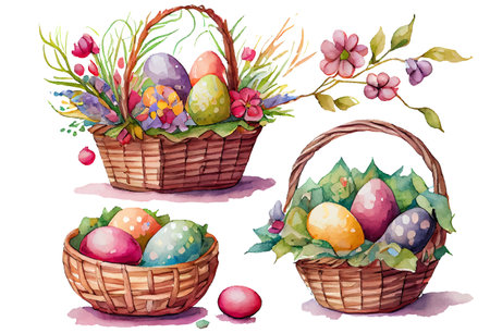 set vector illustration of aester colorful eggs inside wicker basket isolation on white backgroundのイラスト素材