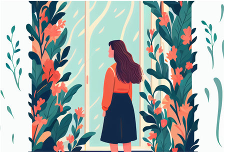 vector illustration of woman looking at window with plants and flowersのイラスト素材