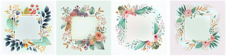 set vector illustration wtercolor flowers in empty space frame isolate with sopyspaceのイラスト素材