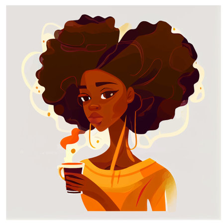 vector illustration of african woman drinking hot coffee or tea isolateのイラスト素材