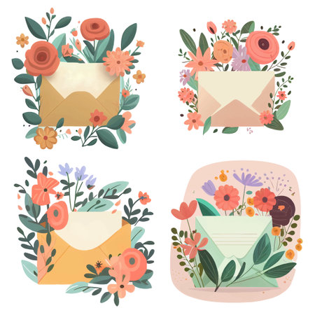 set vector illustrtion of flower in pack box mail isolatedのイラスト素材