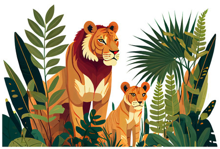 vector illustration of lion and his baby and her cub in the jungleのイラスト素材