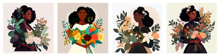 set vector illustration of afro woman in dress with bouquetのイラスト素材