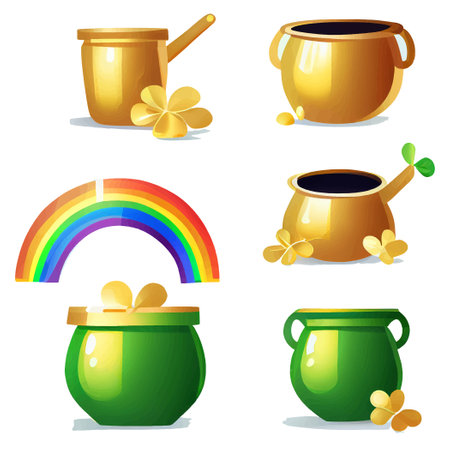 set vector illustration of gold coins iin magic pot solate on white backgroundのイラスト素材