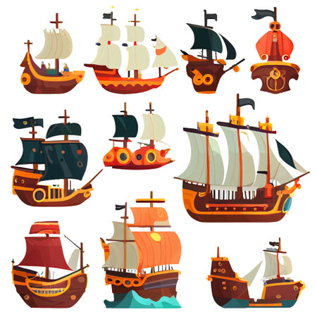 vector set illustration in cartoon style of vintage sailing shipsのイラスト素材