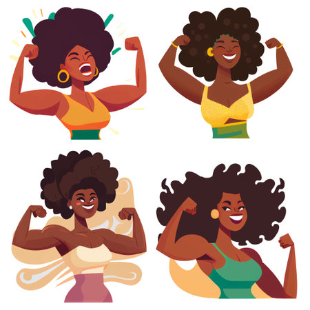 set vector illustration of afro woman feeling strong and powerのイラスト素材