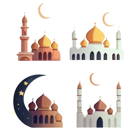 set vector illustration of islamic style mosque and crescent isolated on white backgroundのイラスト素材