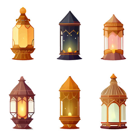 set vector illustration of mubarak light antern isolated on white backgroundのイラスト素材
