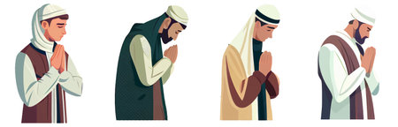 horizontal set vector illustration of arab man praying in traditional clothes isolate on white backgroundのイラスト素材