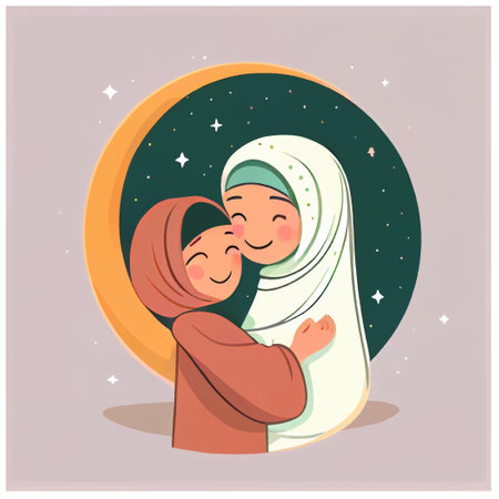 vector illustration of mother and girl in traditional hijab hugsのイラスト素材