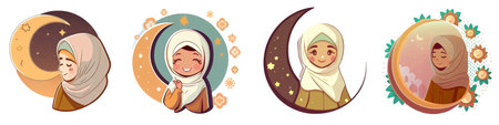set horizontal vector illustration of little girl near mosque in white hijab celebrate ramadanのイラスト素材