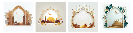 horizontal set vector illustration of islamic style mosque and crescent isolated on white backgroundのイラスト素材