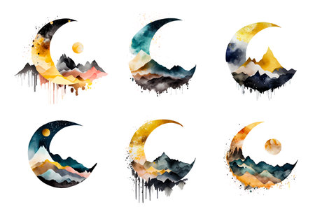 set watercolor vector illustration of muslim crescent ramadan conceptのイラスト素材