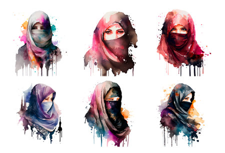 set watercolor illustration of muslim woman in hijab ramadan conceptのイラスト素材