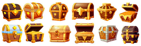 set vector illustration of ui treasure chest with gold precious stone isolated on white backgroundのイラスト素材