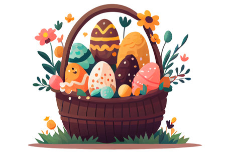vector illustration of aester colorful eggs inside wicker basket isolation on white backgroundのイラスト素材