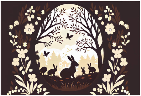 vector illustration of bunny with easter eggs in spring nature outdoorsのイラスト素材