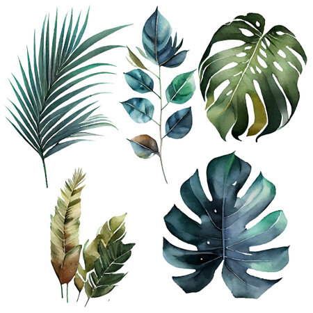 isolated set vector illustration of foliage exotic green big leafのイラスト素材