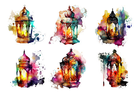 set watercolor vector illustration of muslim lantern ramadan conceptのイラスト素材